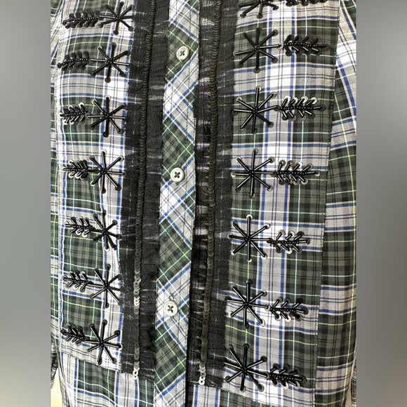 New J.CREW Embellished Tartan Plaid Shirt Blouse Green Sequin Beaded Snowflake - Picture 9 of 16